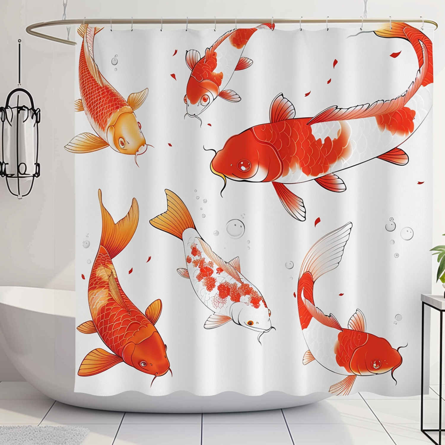 Japanese Koi Fish Shower Curtain Red and Orange Cartoon Style Bathroom