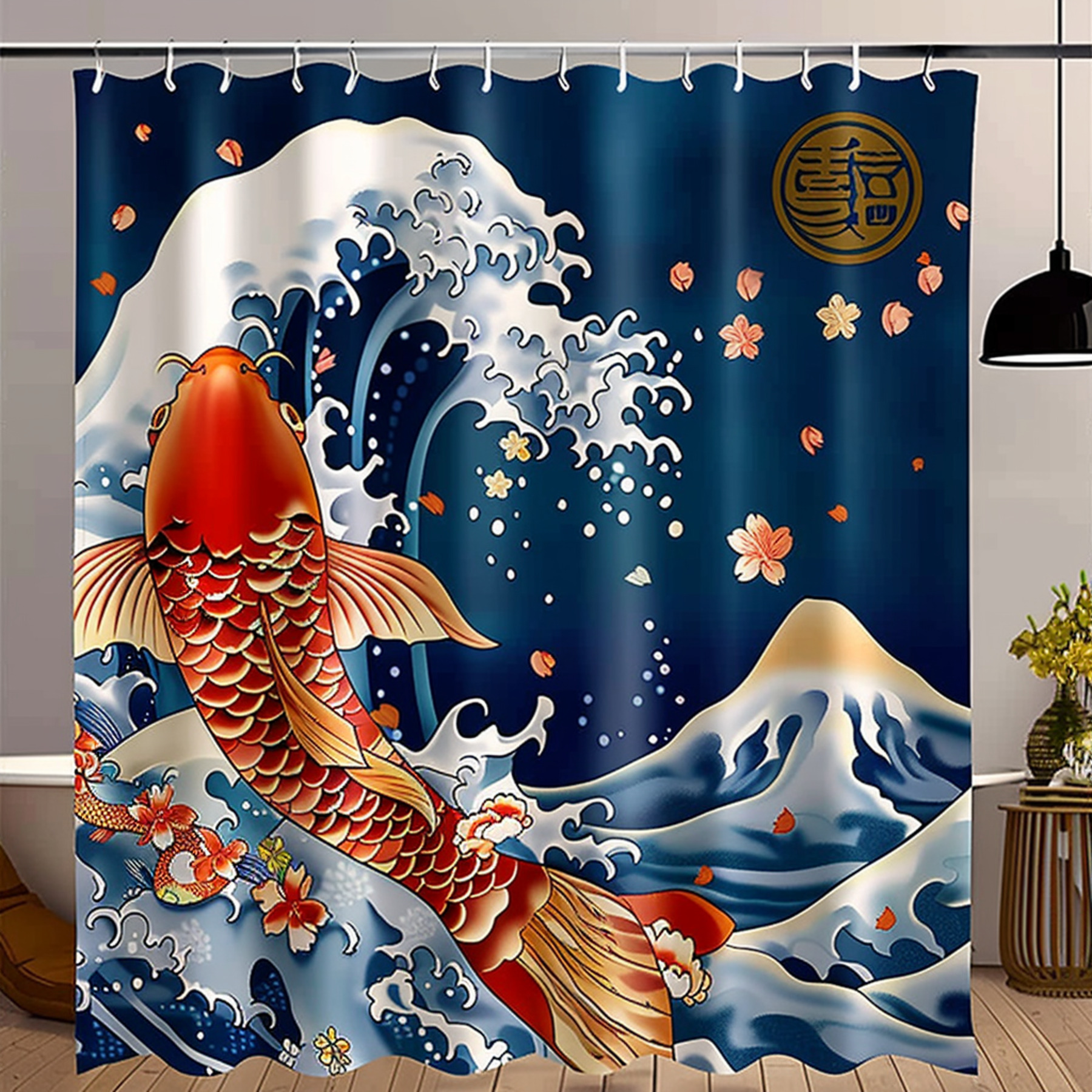 Japanese Koi Fish Shower Curtain with Waves and Flowers Ocean Blue