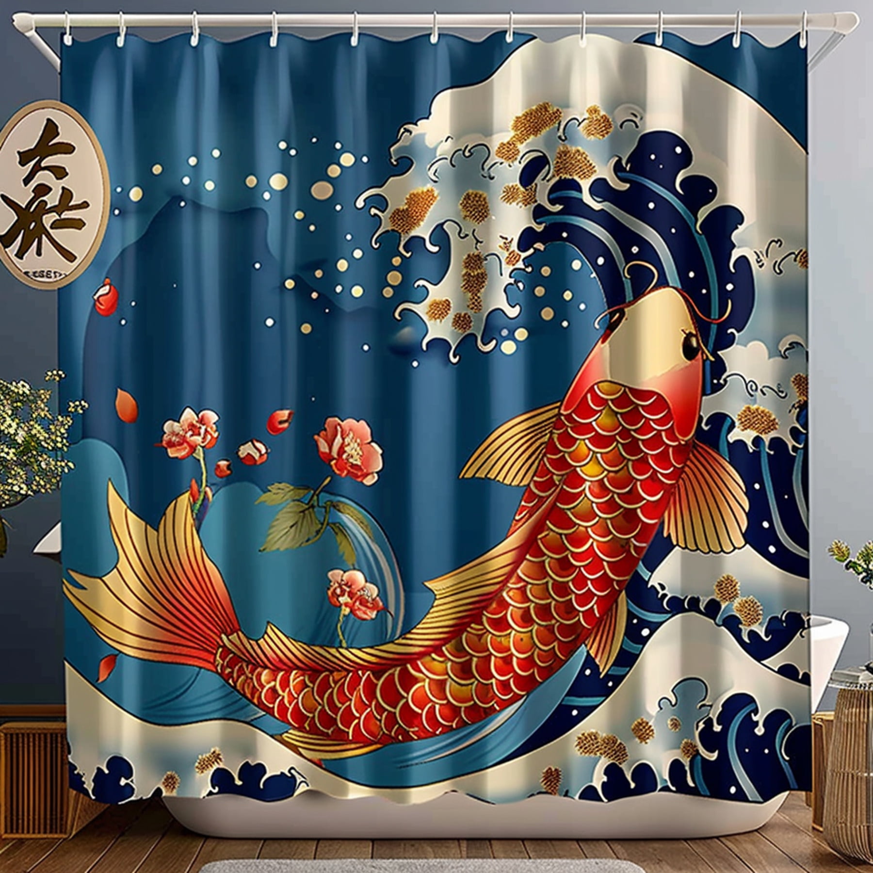 Japanese Koi Fish Shower Curtain with Waves and Flowers on Ocean Blue
