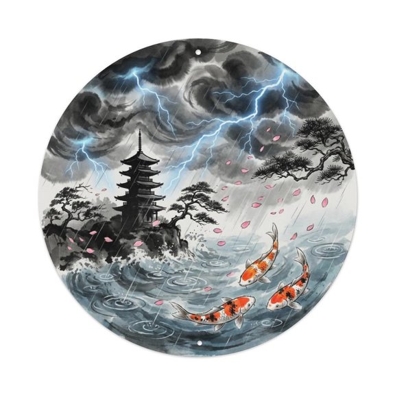 Japanese Koi Fish Storm Clouds Lightning Power Vintage Metal Tin Sign Plaque Wall Decor for Cafe, Club, Garden Round Metal Poster 8x8Inch