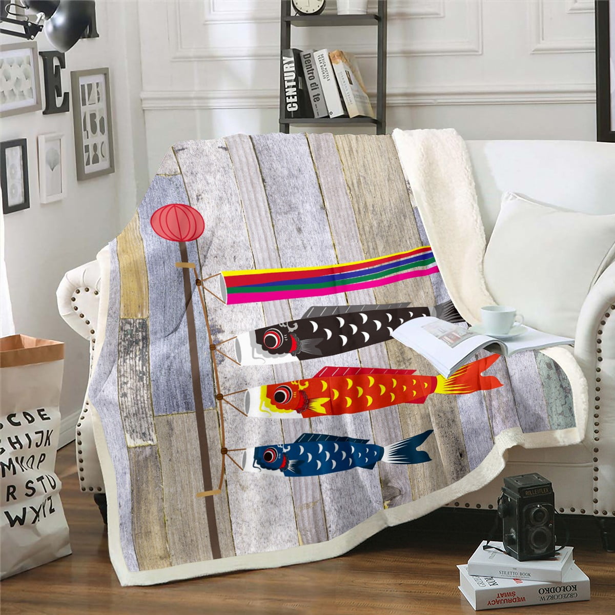 Japanese Koi Fish Throw Blanket 40"X50", Farmhouse Old Barn Door Fleece Blanket, Colorful Fish