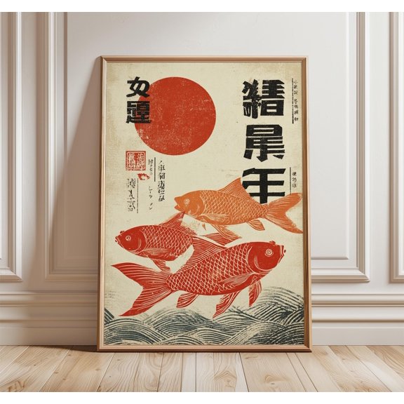 Japanese Koi Fish Ukiyo-e Art Print, Red Sun Carp Artwork, Poster Only
