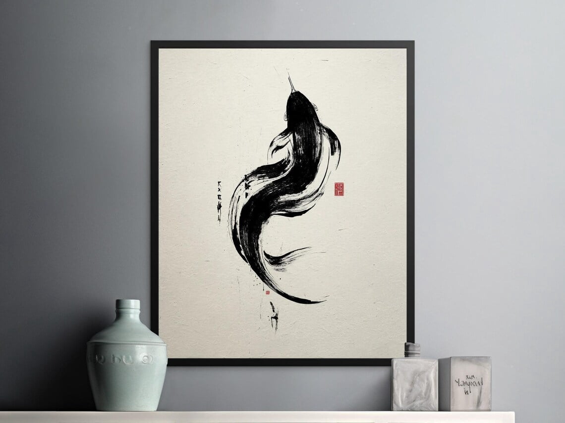 Zen Fish Design Japanese Koi Fish Wall Art Print, Traditional Sumi E Ink And Zen Decor ...