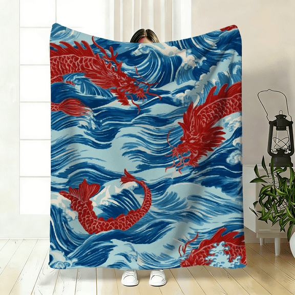 Japanese Koi Fish Wave Flannel Blanket, Soft Fleece Throw for Bed Sofa, Perfect Asian Home Decor, Great Office Gift