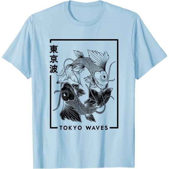 Japanese Koi Fish White Black Drawn Minimalistic Japan Art Softstyle Unisex T-Shirt Men Women Kids,Light Blue Color,Size 3XL