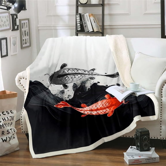 Japanese Koi Fish Yin Yang Theme Throw Blanket for Adult Women Men - Exotic Animal Fuzzy Fleece Sherpa - Ocean Style Black and White 30"X40"