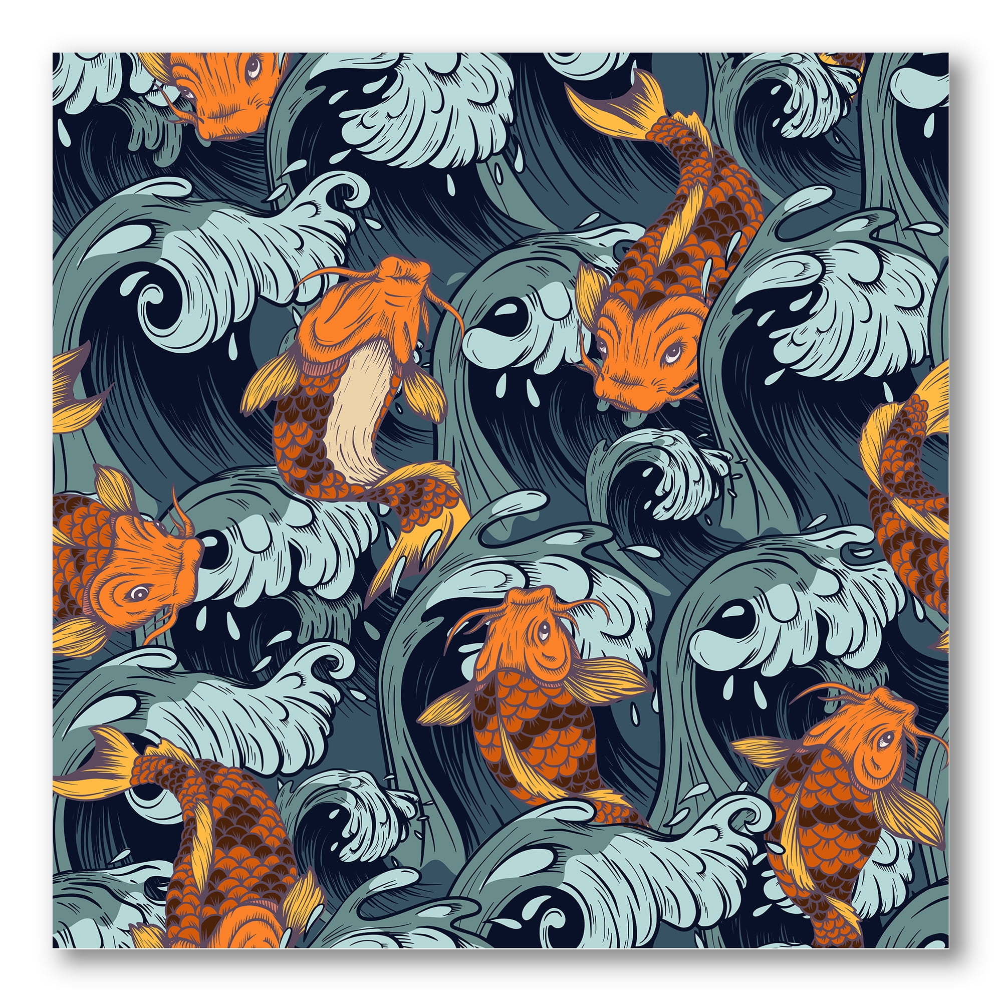 Japanese Koi Fish on Sea Waves 36 in x 36 in Painting Canvas Art Print, by Designart