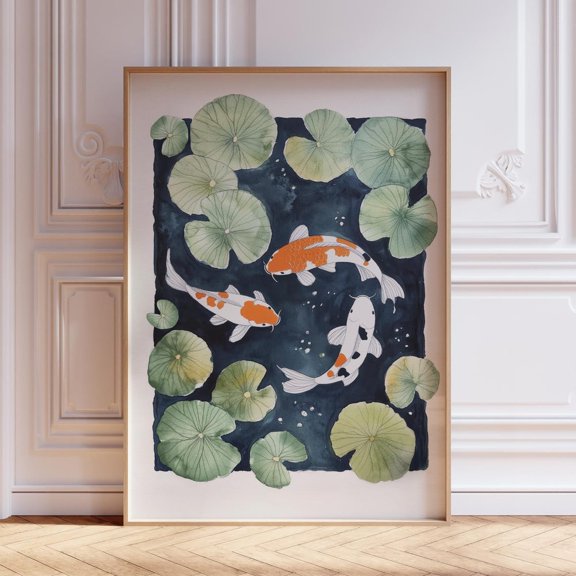 Japanese Koi Pond Koi Minimalist Fish Japanese Fish Cabin Lake House Lodge Outdoors Wall Decor Unframed Paper Print