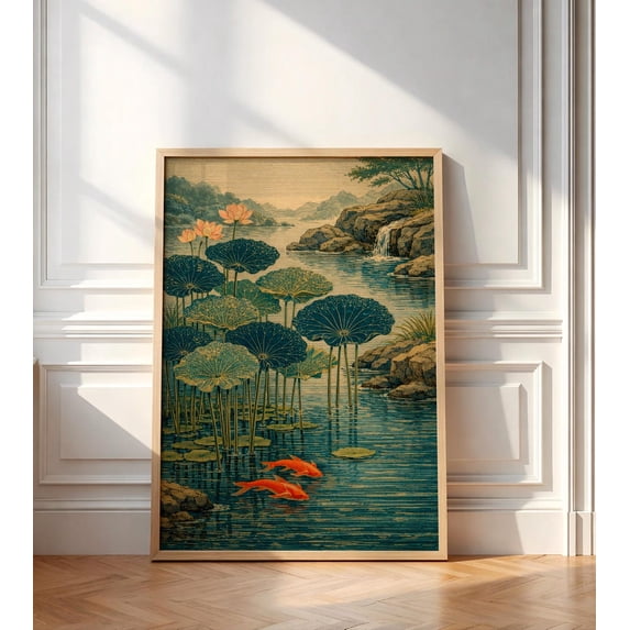 Japanese Koi Pond Poster, Lotus Flower, Zen Garden, Japandi Style, Wabi ...