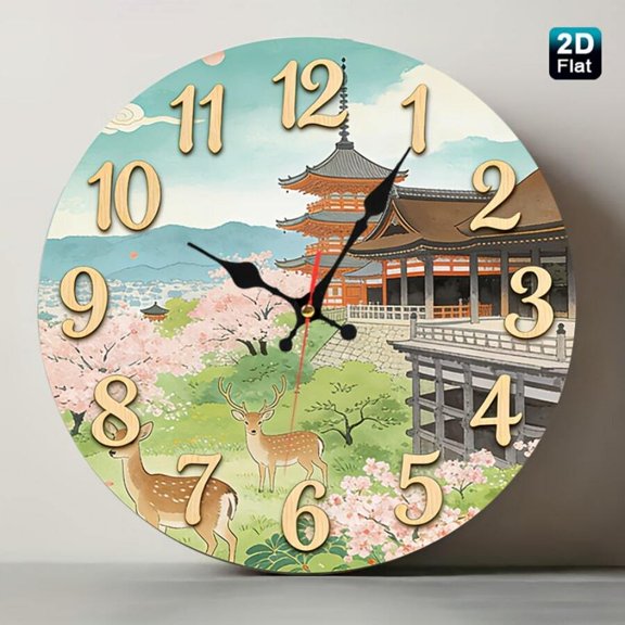 Japanese Kyoto Temple Cherry Blossom Deer Round Wall Clock, Silent Non-Ticking Zen Asian Clock, Oriental Landscape Decor for Living Room Bedroom Home Office