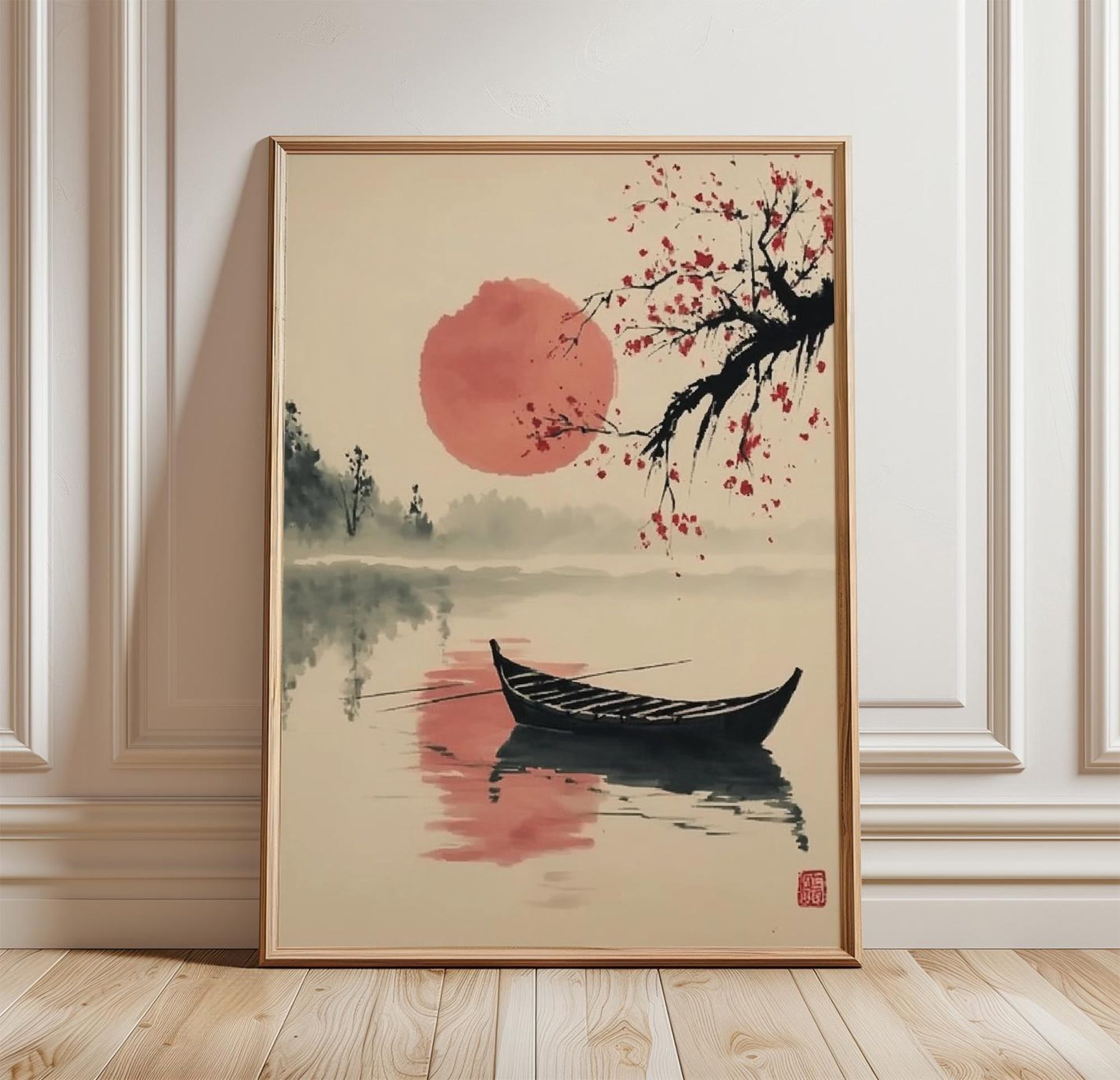 Japanese Lake Poster Minimal Boat Wall Art Zen Landscape Print Red Sun ...