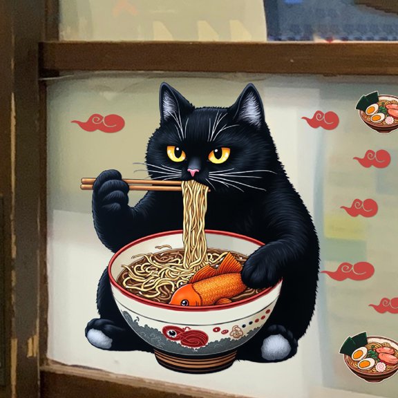 Japanese Lamian Noodles Black Cats Wall Sticker - Pvc Material With Hd Printing, Waterproof Moisture-Proof Easy Install Removable - For Bathroom Kitchen Ceramic Tile Glass