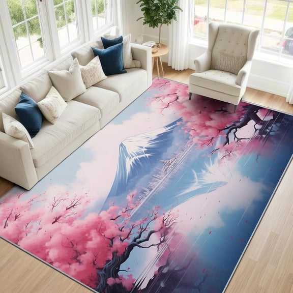 Japanese Landscape Area Rugs, Pink Cherry Blossom Fuji Carpet, Washable Non Slip Low Pile Soft Rug for Living Room Bedroom Decor Mat 4x6ft
