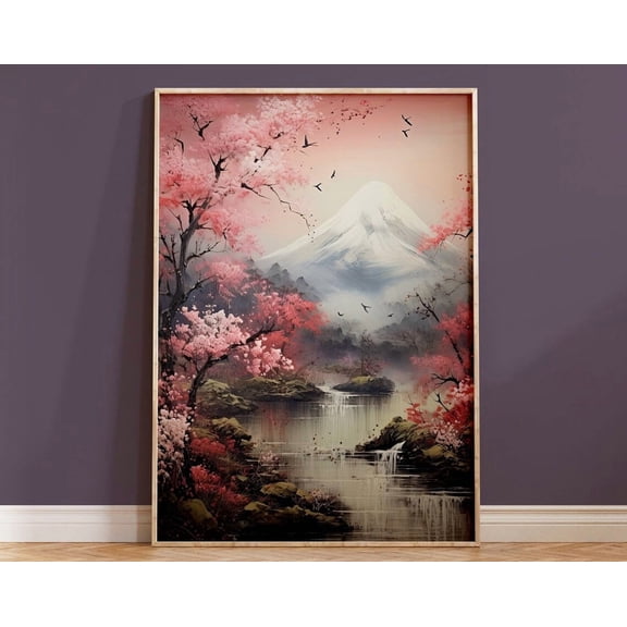 Japanese Landscape Art Print Sakura Tree Wall Decor Cherry Blossom Flower Housewarming Boho Gift Original Asian Watercolour Mount Fuji Pink Wall Art Modern Wall Decor