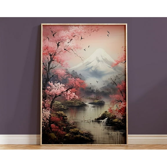 Japanese Landscape Art Print Sakura Tree Wall Decor Cherry Blossom Flower Housewarming Boho Gift Original Asian Watercolour Mount Fuji Pink Wall Art, Modern Wall Decor, 16x24 UNFRAMED