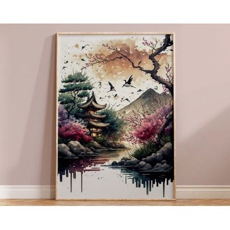 Japanese Landscape Art Print Sakura Tree Wall Decor Pagoda Cherry Blossom Flower Housewarming Boho Gift Original Asian Watercolour Pink Wall Art Modern Wall Decor
