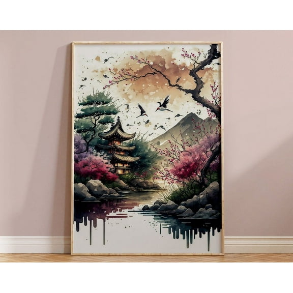 Japanese Landscape Art Print Sakura Tree Wall Decor Pagoda Cherry Blossom Flower Housewarming Boho Gift Original Asian Watercolour Pink Wall Art, Modern Wall Decor, 8x12 UNFRAMED