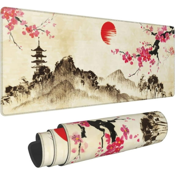 Japanese Landscape Cherry Blossom Gaming Mouse Pad XL, Non Slip Rubber Base Mousepad, Stitched Edges Desk Pad, Extended Large Mice Pad,31.5 X 11.8 Inch