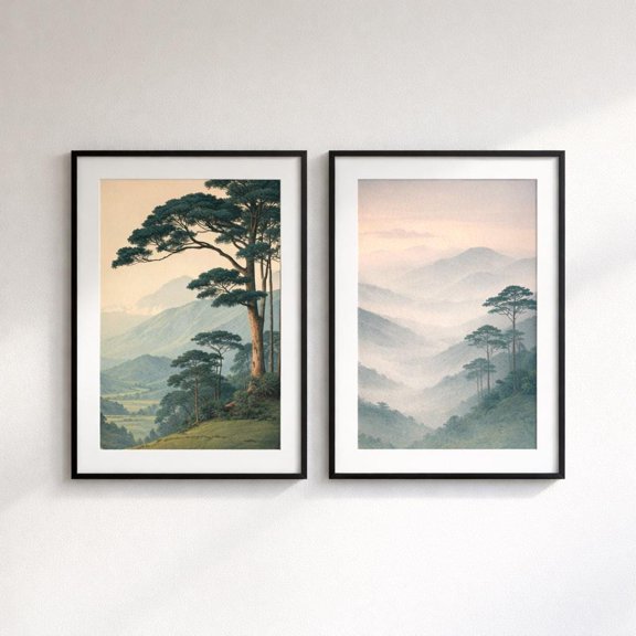 Japanese Landscape Diptych Zen Mountain Wall Art Ukiyo-e Inspired Prints Set 2