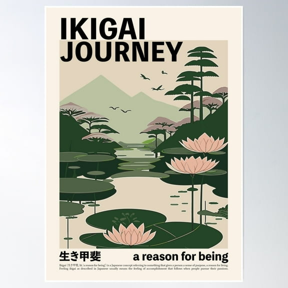 Japanese Landscape Ikigai - Modern Mid-Century Style Poster Wall Art, Modern Wall Decor, 8x12 UNFRAMED