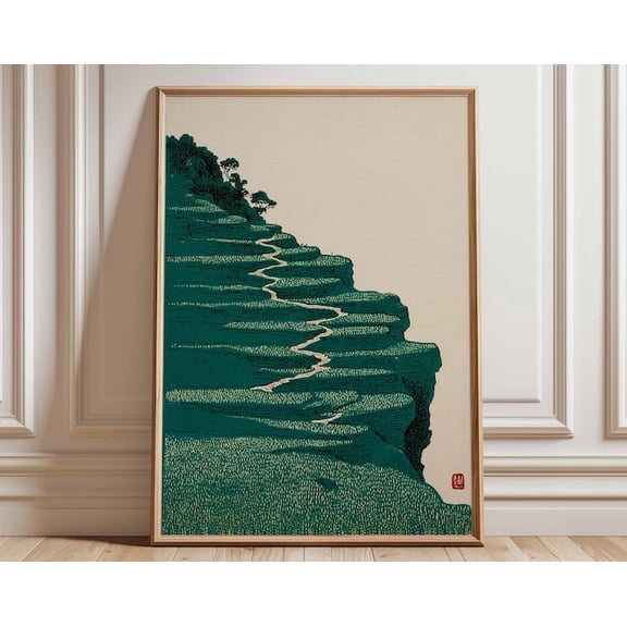 Japanese Landscape Minimalist Zen Modern Nature Rice Terrace Mountain Calm Wall Art Print, Unframed Paper Poster 8x10in