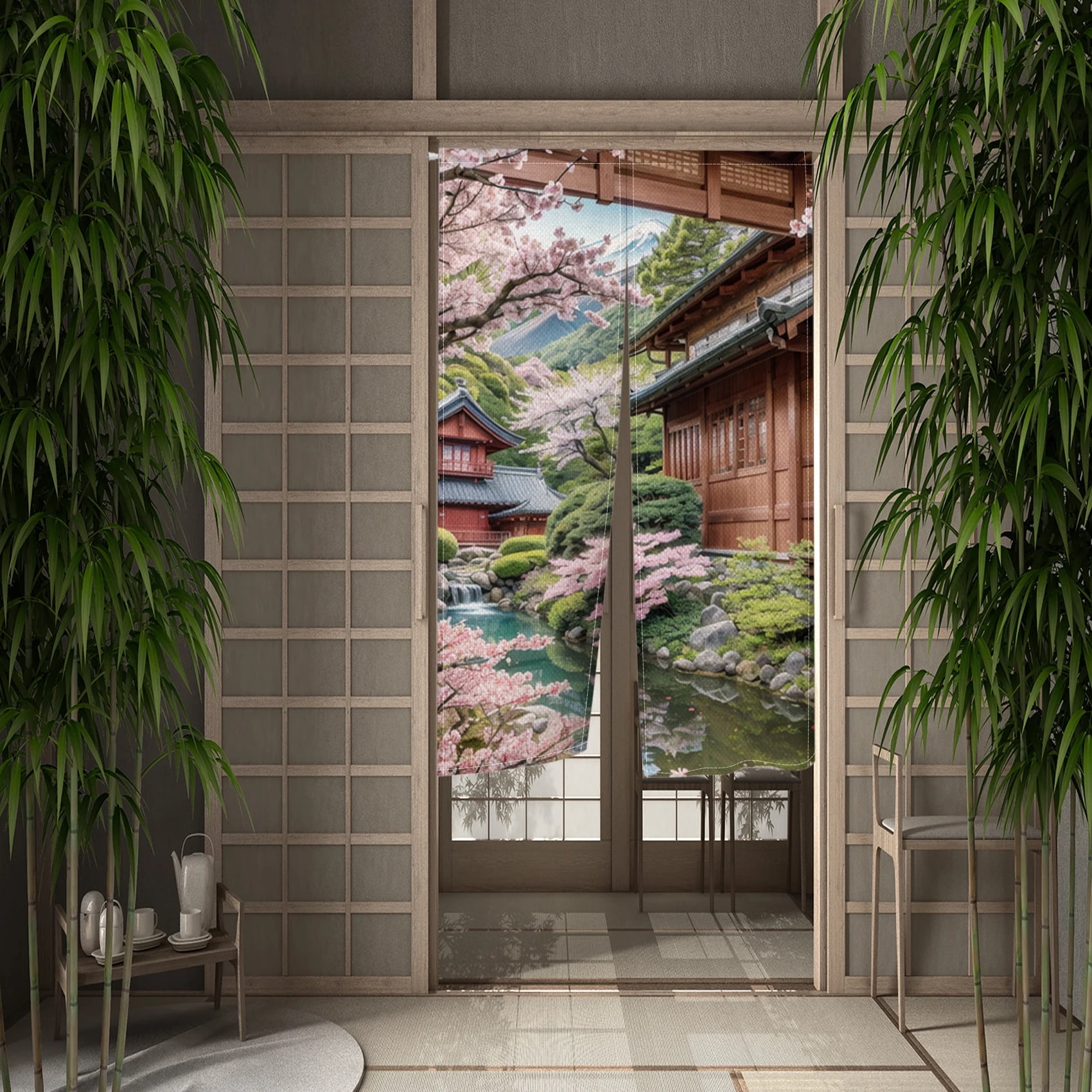 Noren - Rideau Japonais Pour Porte - Motif Ukiyoe Fujisan (mont Fuji) - Neuf