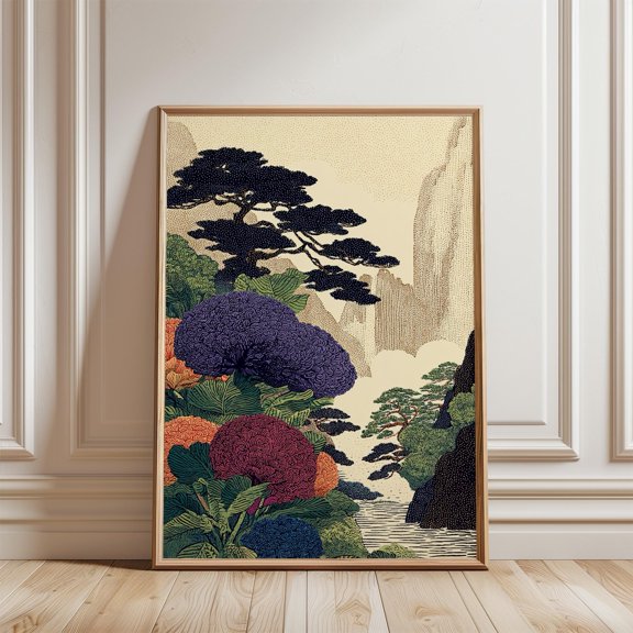 Japanese Landscape Poster, Botanical Mountain Scene, Vintage Ukiyo E Style Art, Poster Only