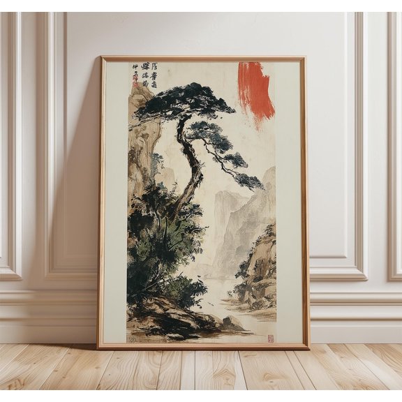Japanese Landscape Poster, Ink Wash Mountain River Print, Poster Only