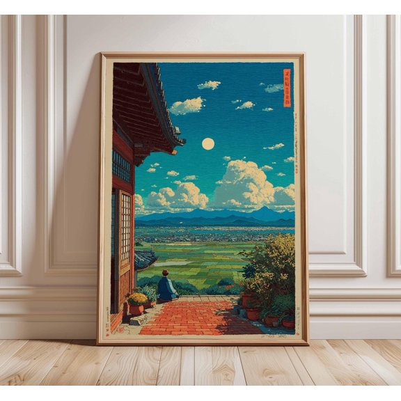 Japanese Landscape Poster Serene Countryside View Wall Art Moonlit Sky with Temple and Ric