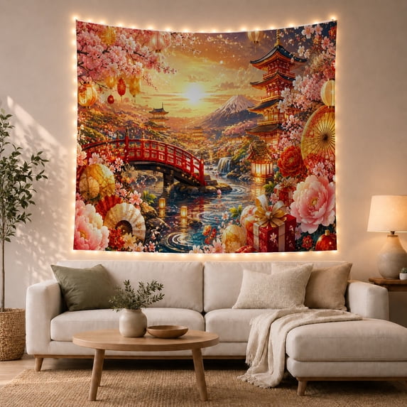 Japanese Landscape Sunset Over a Red Bridge and River Serene Japanese Inspired for Nature Lovers Asian Landscape Wall Art Housewarming Gift Tapestry Wall Hanging for Bedroom, Living Room and Dorm