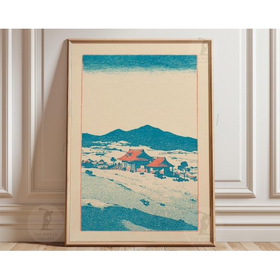 Japanese Landscape Teal Desert Scene Wall Art Print, Unframed Paper Poster 8x10in