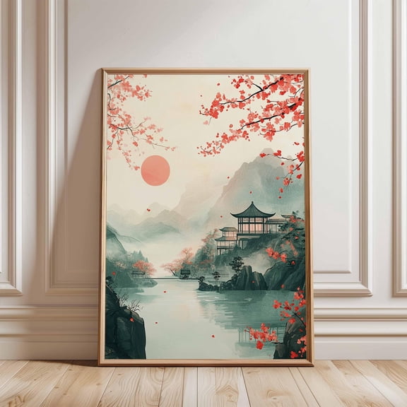 Japanese Landscape Wall Art Cherry Blossom Temple Poster Zen Decor, Unframed Poster