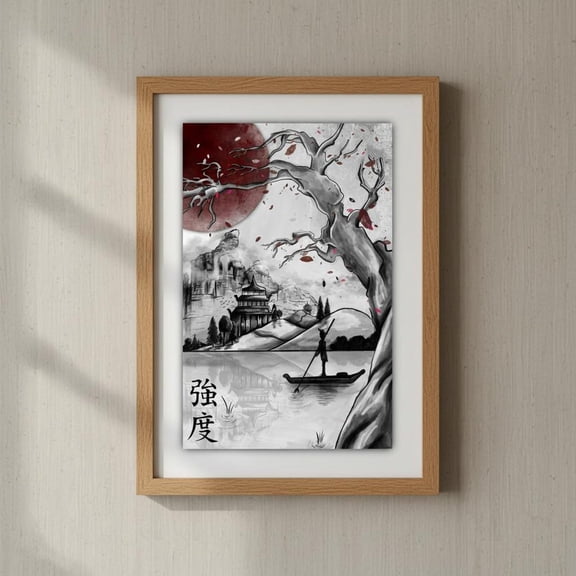 Japanese Landscape Wall Art | Red Moon Asian Ink | Zen Home Décor Print, Stretched Canvas Size 12x18