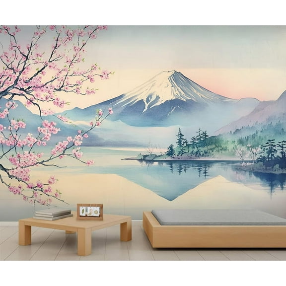 Japanese Landscape Wall Mural - Mount Cherry Blossoms Murals, Oriental Asian Large Wall Murals For Living Room, Japanese Mural 59"W x 39.4"H (Not Peel and Stick)