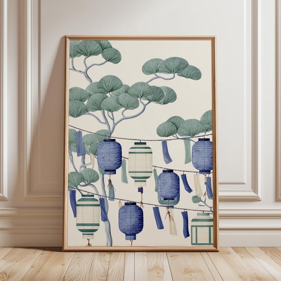 Japanese Lantern Festival Wall Art Poster Blue Hanging Lantern Illustration Night Sky Scene Minimal Home Decor, Vintage Illustration
