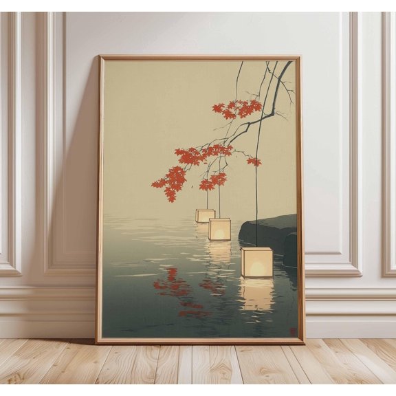 Japanese Lantern Lake Maple Branch Poster Unframed Paper Print