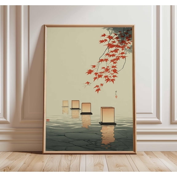 Japanese Lantern Lake Maple Leaves Poster Unframed Paper Print