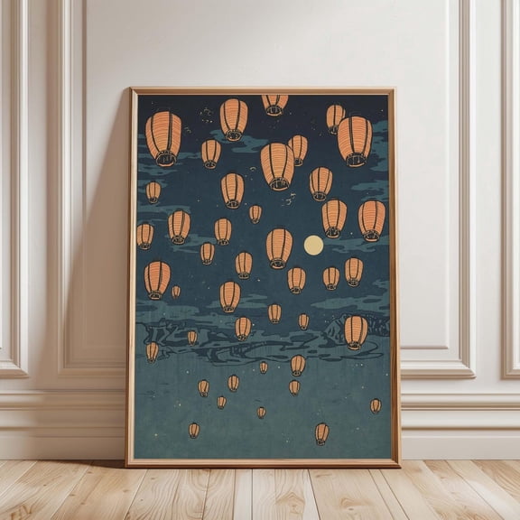 Japanese Lantern Night Wall Art Floating Lantern Moon Home Decor