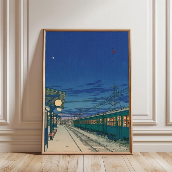 Japanese Lantern Railway Blue Night Train Platform Illustration Art Unframed Paper Print