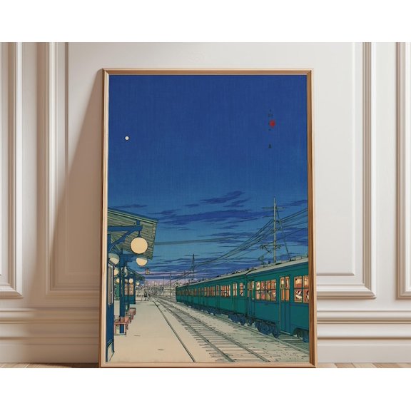 Japanese Lantern Railway Blue Night Train Platform Illustration Wall Art, Unframed Paper Poster 8x10in