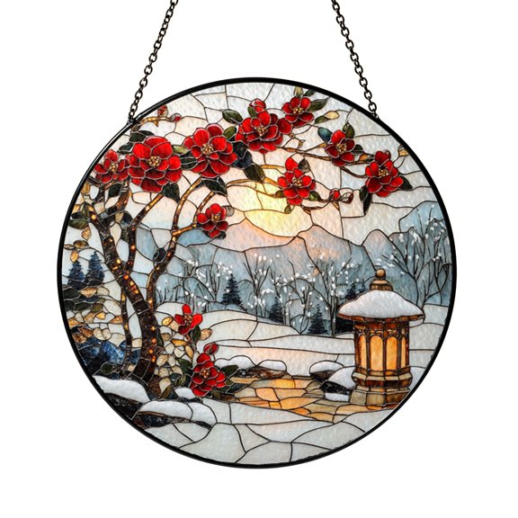 Japanese Lantern Red Camellia Tree Stained Glass Suncatcher, Round Window Hanging, Vibrant Oriental Home Decor, Gift for Christmas