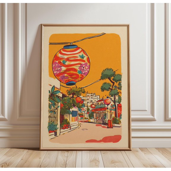 Japanese Lantern Street Wall Art Poster Asian City Illustration Red Paper Lantern Print Mi