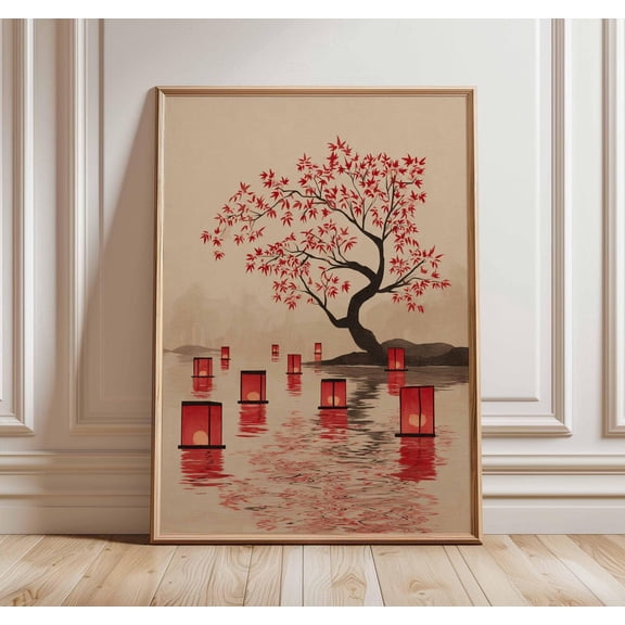 Japanese Lantern Wall Art Woodblock Red Maple Leaves Lake Zen Unframed Paper Print