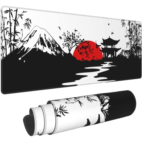 Japanese Large Black Mouse Pads for Desk, Full Desk Gaming Mousepad with Mountains and Red Sun, Extended Long XL Computer Mat with Stitched Edges and Non-Slip Base for Desktop, Keyboard, 31.5*11.8 in