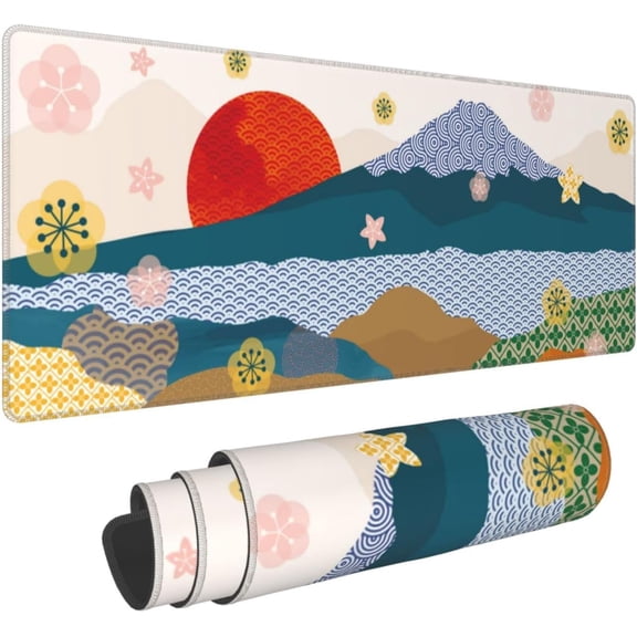 Japanese Large Gaming Mouse Pad, Abstract XL Mousepad, Stitched Non-Slip Extended Sun and Mountain Keyboard Mats for Desk, Big Long Computer Loptop Pads Gifts for Women, (Colorful, 31.5 * 11.8 in)