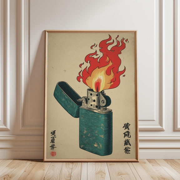 Japanese Lighter Flame Poster, Retro Object Wall Art, Minimal Fire Print, Poster Only