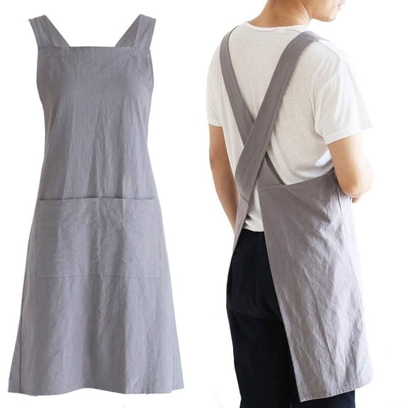 Japanese Linen Cross Back Cooking Aprons for Women Men with Pockets Cute for Baking Kitchen