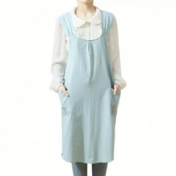 Japanese Linen Cross Back Kitchen Cooking Aprons for Women with Pockets Cute for Baking Painting Gardening Cleaning Gray