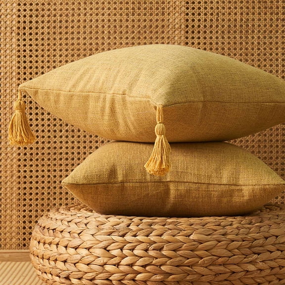 Japanese Linen Style Pillow Cover with Tassels, Minimalist Plain Cushion Case – Soft Durable Fabric, Hidden Zipper Closure for Bedroom, Living Room or Boho Home Styling