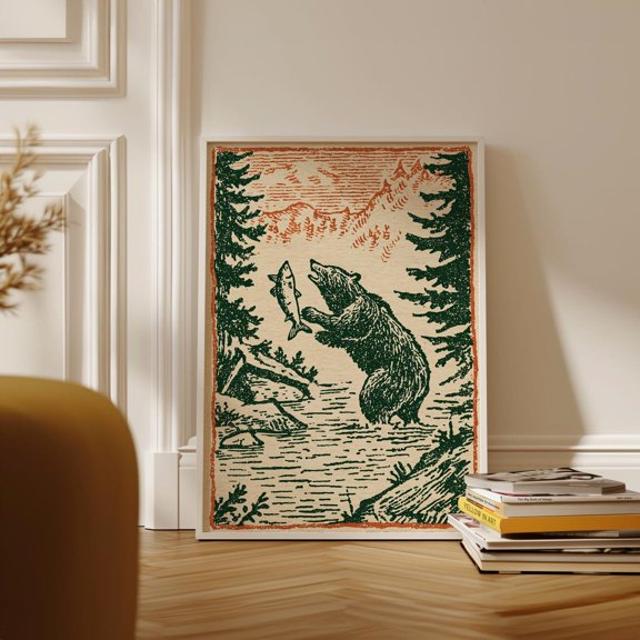 Japanese Linocut Bear Catching Salmon Wildlife Nature Animal Art Print, Stretched Canvas 8x10in